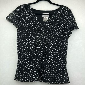 VINTAGE 90’s KARIN STEVENS BLACK & WHITE POLKA DOT BLOUSE CAP SLEEVES Sz 10P